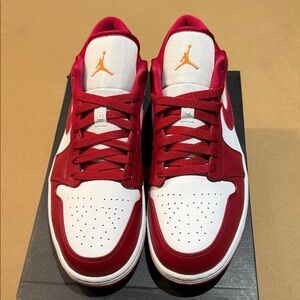 Jordan Men's Red and White Sneakers with Gold/Yellow Accents